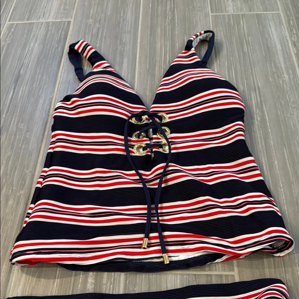 La Blanca Tankini Striped Swimsuit with Lace-Up Detail, size 6